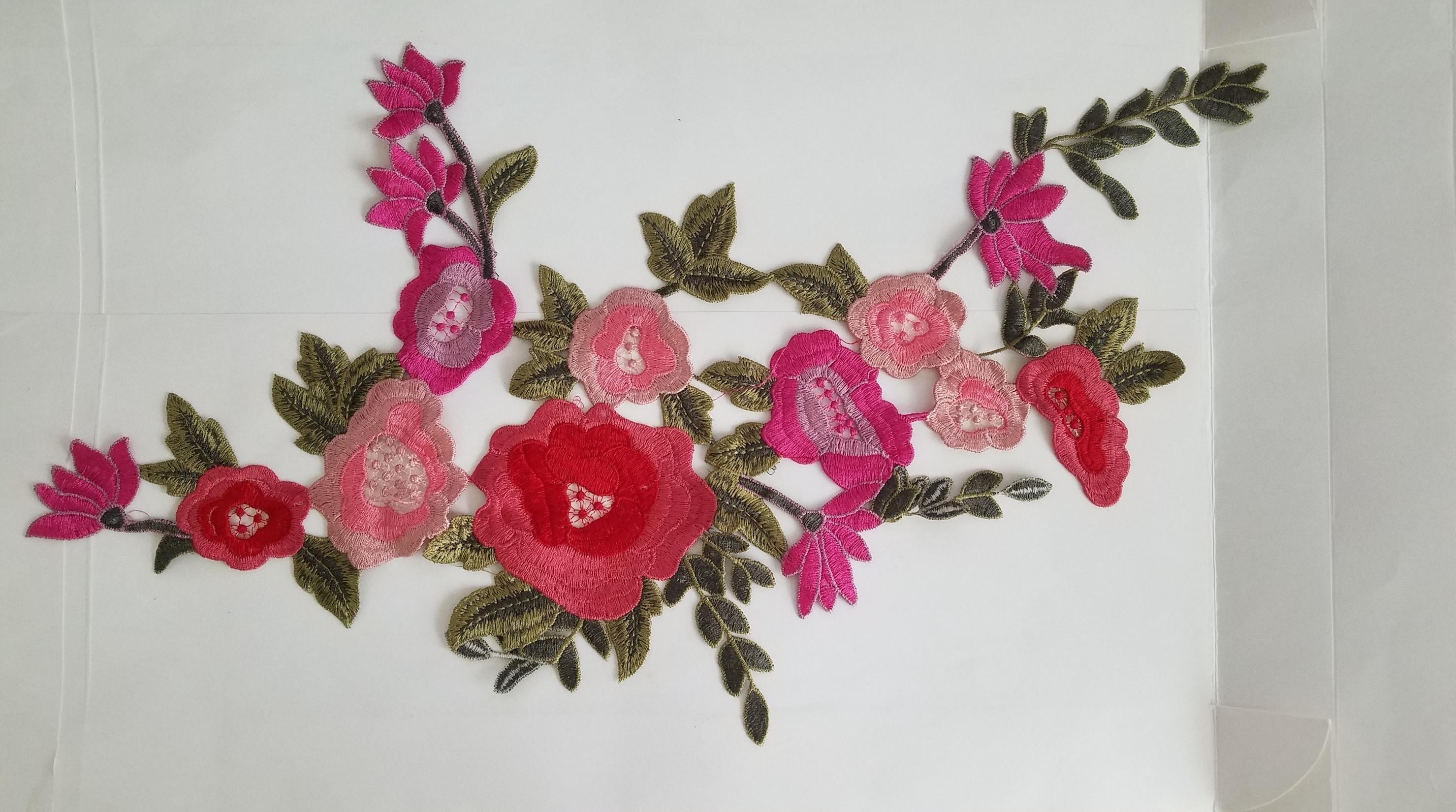 Vintage Large Jumbo Floral Patch , Rose, Azalea Pink Embroidered Floral ...