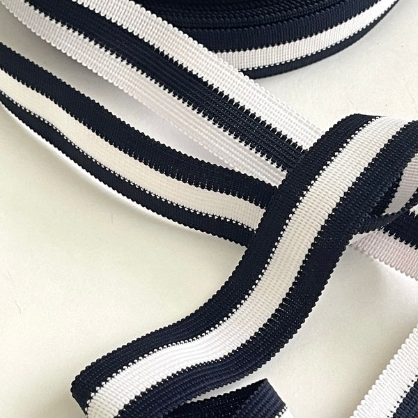 1"  Striped Double Sided Knit Tape / Navy Optical White Center Stripe / White Navy Stripe Knit Striper / Reversible Sporty Athletic Ribbon