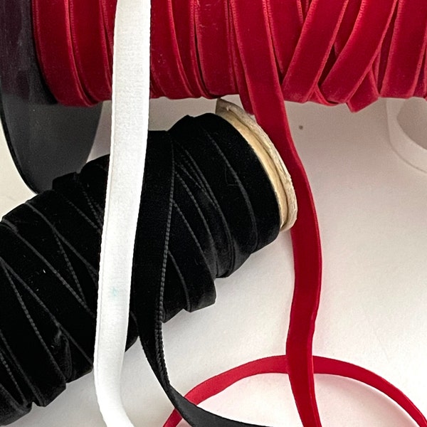 9mm Vintage Swiss Velvet Imported Taffeta Ribbon Smooth Plush Holiday Cardinal, Black Velvet, White Switzerland, Ribbon, Chokers