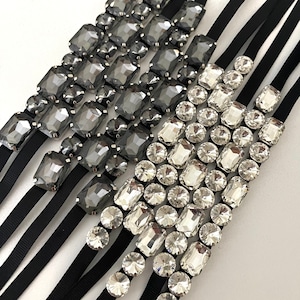 Fancy Jeweled Strap, Crystal Clear ,Black, Smokey Gunmetal Jewels, Embellishment, Bridal, Belts, Strap, Headbands, Chokers