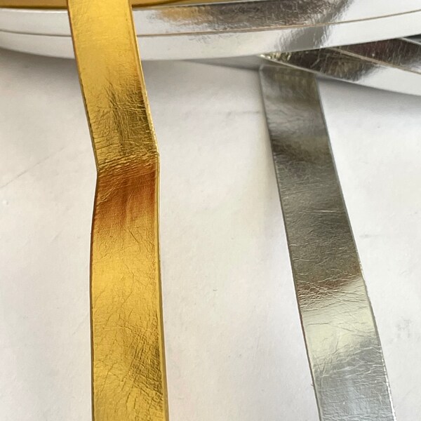 Pleather Tape Metallic Silver, Metallic Gold FoldOver Pleather Strap Belting,  Novelty Pleather Bias Tape Ribbon