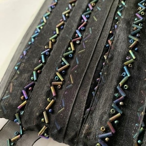 1" Black Organza Ribbon Irridescent Glass Bugle Beads, Black Woven Embellished Chiffon Ribbon