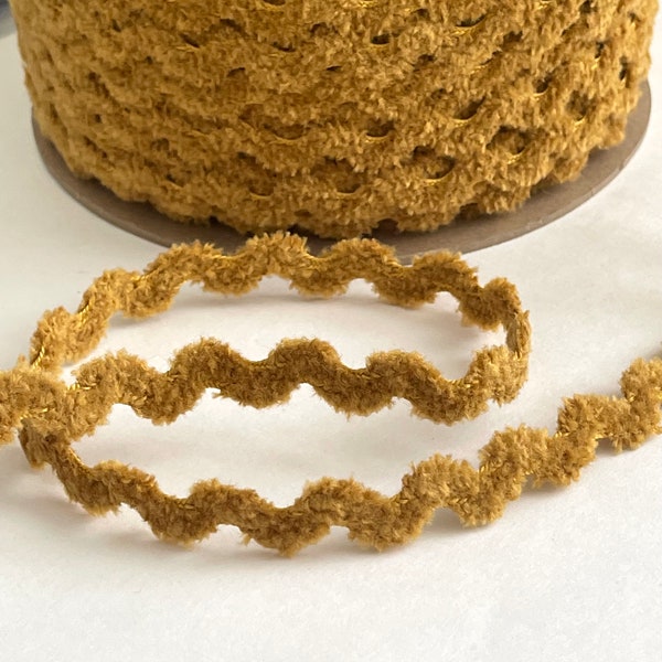 Crushed Chenille Velvety Antique Gold Ric Rac, Plush Velvety Novlety Passementrie Trim, Soft Knit Vintage Reversible Ric Rac Ribbon Trim,