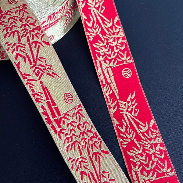 1 3/8" Vintage  Far East, Bamboo, Orient Theme, Metallic Reversible Holiday Ethnic Tribal Beautiful Unique Woven Jacquard Ribbon ,