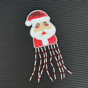 Santa Sequins Bugle Beaded Fringe Christmas Iron On Patch Santa Winter Wonderland Holiday White/Red Santa Clause Sew On Patch Applique&#39;
