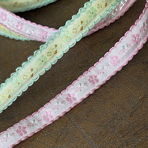 3/8&quot; Picot Edge Stitch Metallic French Woven Jacquard Ribbon Pink/Silver and Mint/Buttermilk/Gold Dainty Picot Sweet Ribbon Tape