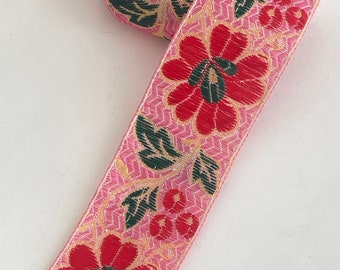 1 1/2" VINTAGE Woven Brocade Raised Embroidered Jacquard Ribbon, Passion Fruit, Hot Red Flowers Ebroidered Vintage Ribbon