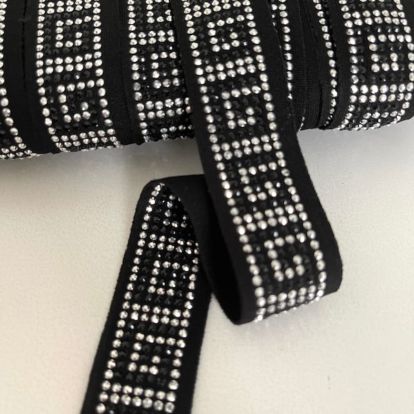 1" Silver/Black Studded Greek Key Abstract Trim, Metallic Silver/Black Ethnic, Tape, Silver/Black Pave Studded Trim