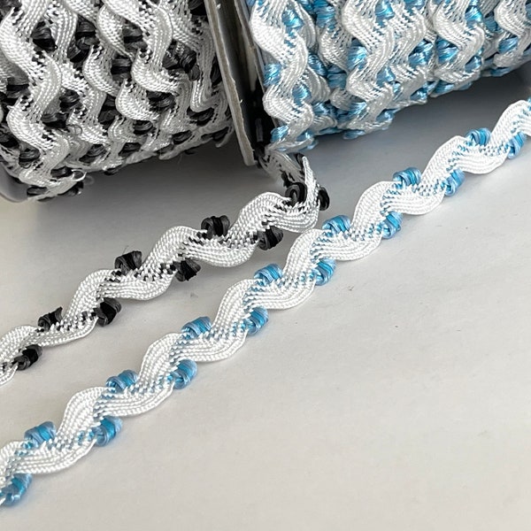 Novelty Feather Edge Vintage Ric Rac Reversible Ribbon, Grey/White, White/Blue Multi  Doll Trim, Dainty Trim Zig Zag Ribbon