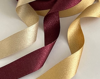Vintage  Satin Double Sided Shimmer, Wine, Champagne, Gold Shimmer Reversible Woven Novelty Bridal Holiday Ribbon Made in Europe