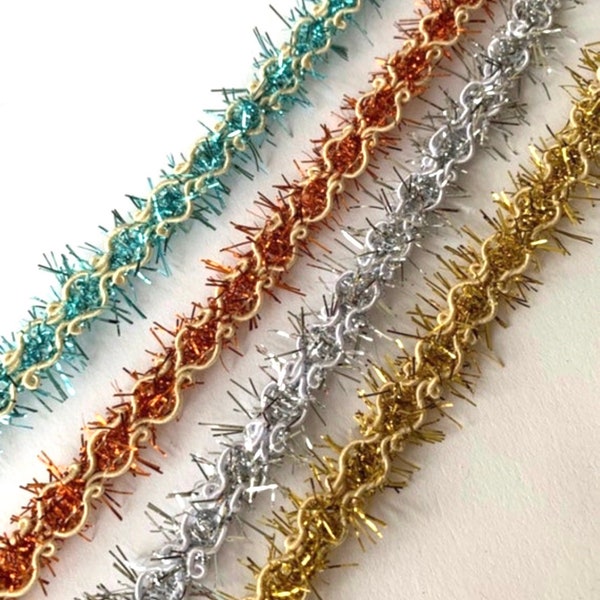 Vintage Metallic Tinsel Sparkly Fray Fringe Novelty Metallic Passementrie,Trim, Christmas Ribbon, Holiday Ribbon, Novelty Metallic Trim