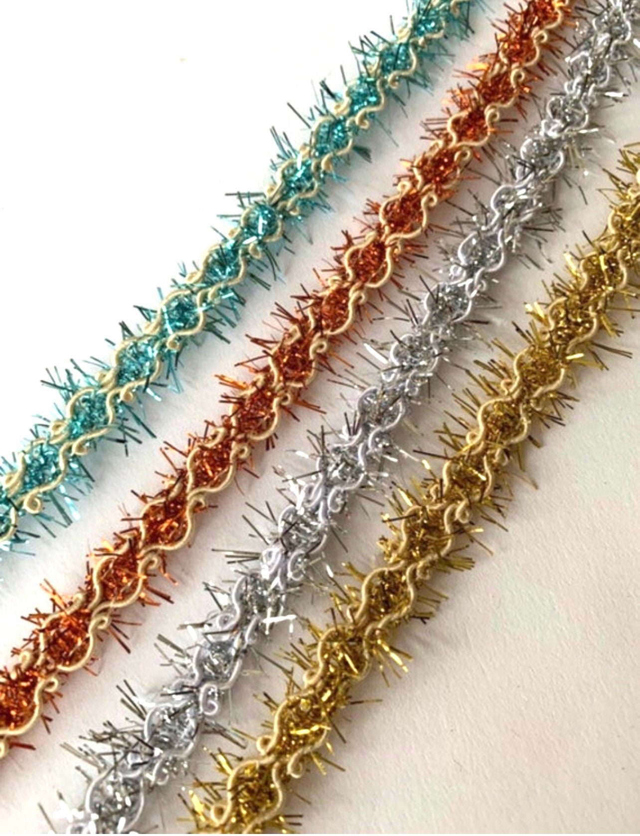 Vintage Metallic Tinsel Sparkly Fray Fringe Novelty Metallic Passementrie,Trim, Christmas Ribbon, Holiday Ribbon, Novelty Metallic Trim