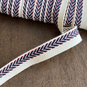 5/8&quot; Vintage Natural Cotton Tape Herringbone Multi Color Navy Blue/Red Border Twill Tape Cotton Tape Webbing Belting Natural Ribbon