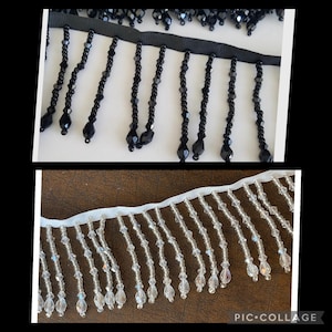White Crystal or Black Beaded Tassel Fringe Trim Upholstery Drapery, Home Furnishing Elegant Embellishment Bridal High Quality Glass Beads