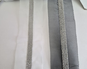 1 3/4"  Beaded Ball Chain White &Black Mesh Netting Ribbon Insert 6 Row Metal Ball Chain Center Knit  Edgy Trim, Novelty Metal