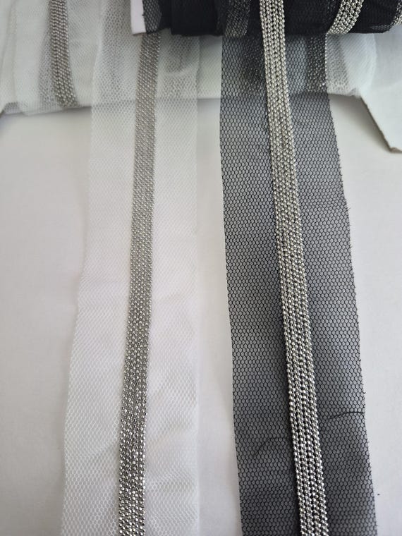 1 3/4"  Beaded Ball Chain White &Black Mesh Netting Ribbon Insert 6 Row Metal Ball Chain Center Knit  Edgy Trim, Novelty Metal