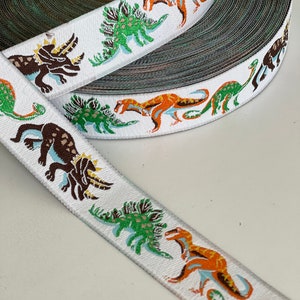 1&quot; Vintage Jurassic Dinosaur Woven Jacquard Ribbon Trim, T-Rex, Stegosaurus, Triceratops, Velociraptor Novelty Fun Dino Ribbon