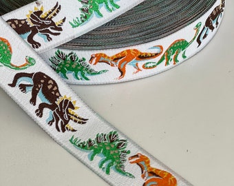 1" Vintage Jurassic Dinosaur Woven Jacquard Ribbon Trim, T-Rex, Stegosaurus, Triceratops, Velociraptor Novelty Fun Dino Ribbon