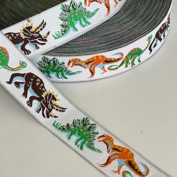 1" Vintage Jurassic Dinosaur Woven Jacquard Ribbon Trim, T-Rex, Stegosaurus, Triceratops, Velociraptor Novelty Fun Dino Ribbon