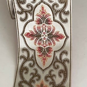 Vintage Metallic Beige Abstract Geometric Tapestry Embroidered Jacquard Woven Fabric Ribbon Trim, Geometric Ribbon