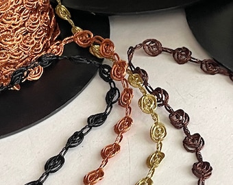Vintage Metallic Floral RoseBud Classic Chain Novelty Ribbon, Metallic Copper, Gold, Brown, Black Reversible Passementrie, Accent Trim
