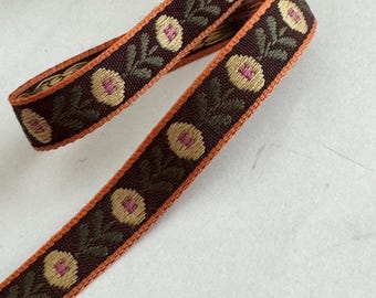 1/2" Vintage Sweet Browns, Natural Woven Blooming Floral Embroidered Woven Jacquard Ribbon Trim Natural Tan Brown Multi Jacquard Ribbon