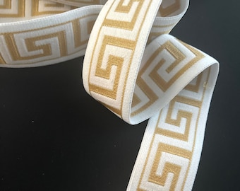 1 1/2" Stretch White-Gold Greek Key Elastic Stretch Hat Bands Greek Key Elastic Stretch Band Ribbon Trim headband, waist belts