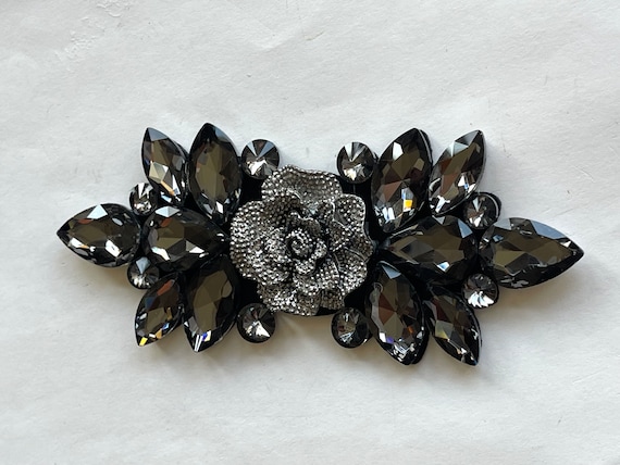 Applique, Fancy Beaded Patch, Glass Stones Medallion  Dance Costumes Jeweled Smokey Gunmetal Glass Silver Floral Cluster Applique'