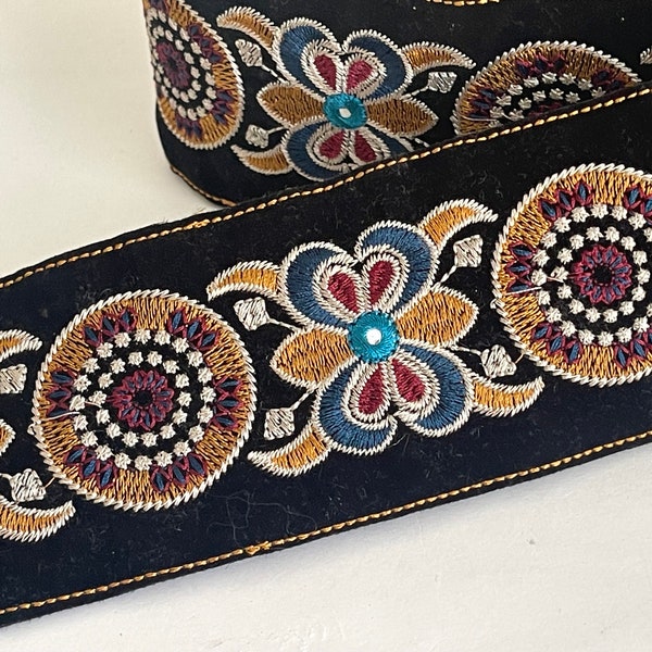 Black Velvet Embroidered Ethnic Abstract Geometric Tapestry Velvet  Embroidered Fabric Jacquard Woven Fabric Ribbon Trim, Geometric Ribbon