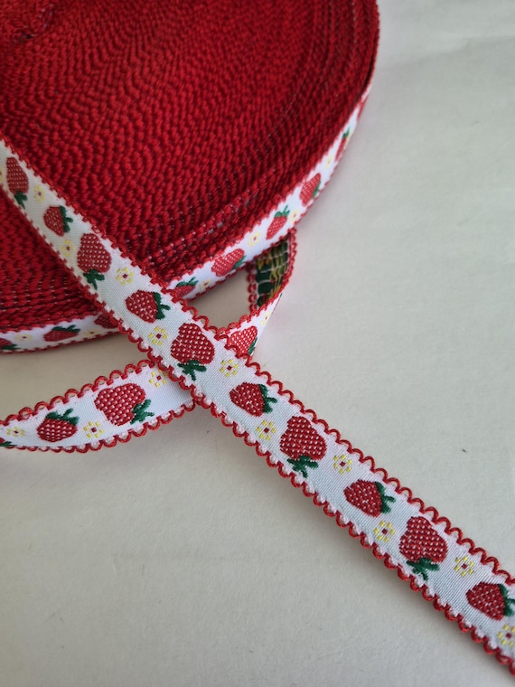 5/8" Vintage Strawberry White Cotton Embroidered  Red Strawberries,Picot Edge Picnic Summer Fun Fruit & Flower Woven Jacquard Ribbon Trim