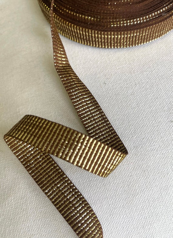5/8" Vintage Metallic Gold, Chocolate Reversible Ribbed  Vintage Grosgrain, Holiday Ribbon, Gold Ribbon, Bows, Gifts, Ribbon Trim