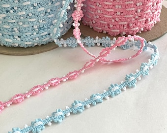 2 YARDS Vintage Floral Daisy Chain Baby Pink Baby Blue Passementrie Chain Ribbon Trim  Knit Novelty Soft Trim, Ribbon Trim Accent Trim