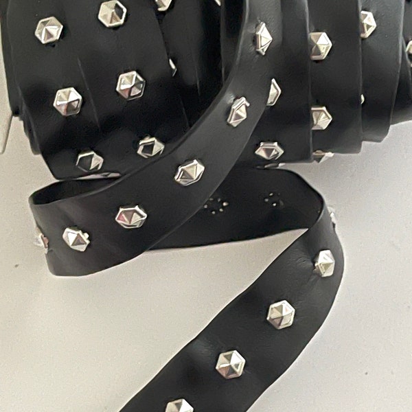 3/4" Stud Silver Hexagon Studded Black Plether Tape, Novelty Chic Pleather Tape, 1 Row Stud Chain Trim , Belting, Tape, Silver/Black