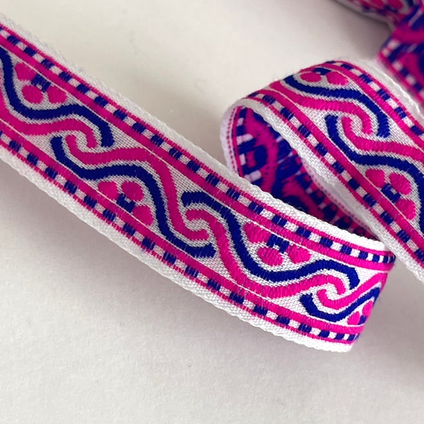 Vintage Celtic Abstract Ethnic Renaissance, Woven Jacquard Ribbon, Electric Blue, Electric Pink