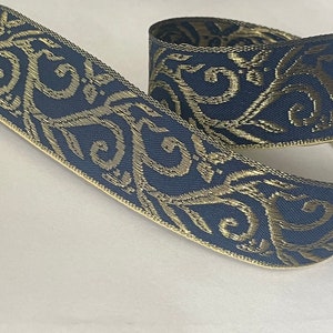 Vintage Embossed Metallic Soft Gold Abstract Woven Jacquard Ribbon Victorian Ribbon, Beautiful Gold Skipper Blue Metallic Holiday Ribbon