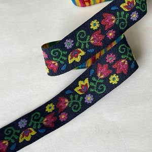 Vintage Dark Navy Multi Fun Flora Woven Blooming Jacquard Ribbon Trim Multi Color Flowers Jacquard Ribbon