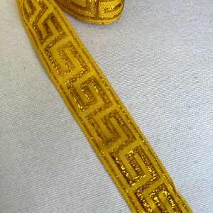 1&quot; Vintage Greek Key, Metallic Gold on Gold Ethnic, Abstract Woven Jacquard Ribbon *LIMITED QTY*