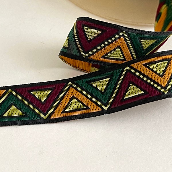 3/4" Vintage Geometric Multi Ethnic Bohemian, Folk Ribbon, Hunter Green, Burgandy, Gold Multi Woven Jacquard Ribbon Tape Trim *LTD QTY*