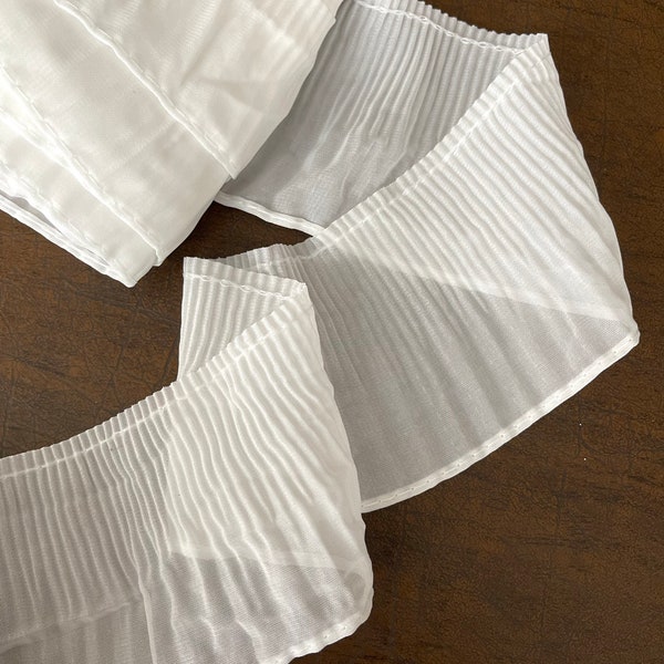 3 1/4" White Sheer Pleated Trim, Ruffle Jumbo Trim -Sleeves, Collars, Bottom Ruffle Finish Soft White DIY Garment Neck line, Cuff, Bridal