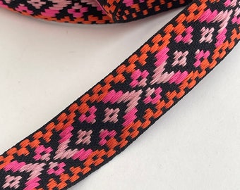 1" Vintage Cotton Geometric, Ethnic Woven Jacquard Ribbon, Black, Neon Pink, Neon Orange Multi Woven Tape, Belt, Strap, Guitar Straps