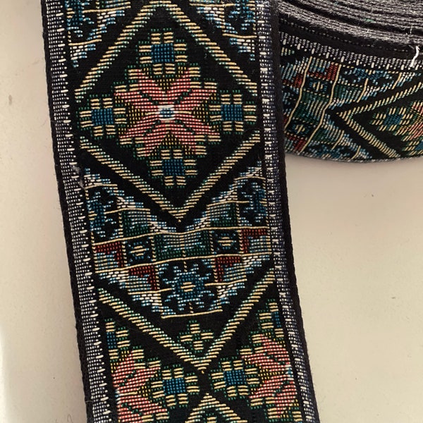 2 1/2" Vintage Tapestry Geometric, Abstract, Ethnic Bohemian Wide Jacquard Ribbon Trim, Straps, Belting, Woven Ribbon