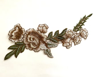 Peony Floral Patch , Embroidered Natural Tan Multi Floral Garden Floral Patch Large Sew on Patch Soft Applique' Floral Patch