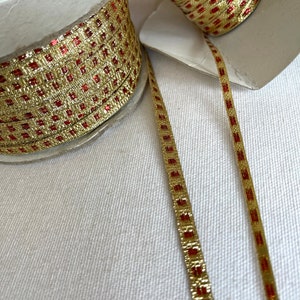 Vintage Metallic Gold, Reversible Metallic Foil Jacquard  Holiday Ribbon, Gold Ribbon Garnet Center , Bows, Gifts, Ribbon Trim