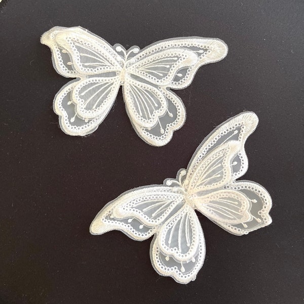 Set of 2 White Sheer Sequins 3D Butterfly Large Sew on Patch White Sheer Knit Fluttery Butterfly Applique' ,Clothing Patch,Embroidered Patch