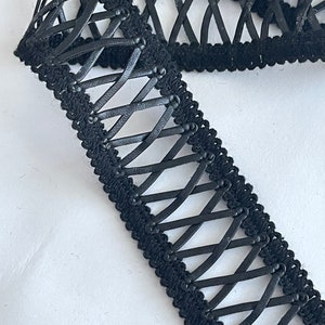 1 1/2&quot; Black Pleather Lacing Edge Trim , Illusion Cut Out Lattice, Black on Black Edgy Belting, Corset Lace Up Pleather Peek A Boo Lace