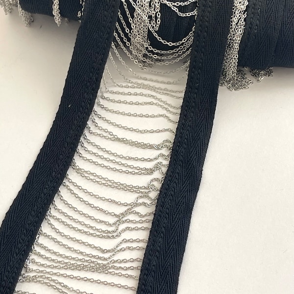 Silver Chain Link Insert,  Chain Illusion Insert Cotton Black Tape, Metal Silver Chain Center Edgy Trim, Novelty Metal Rock Chic Peek-A-Boo