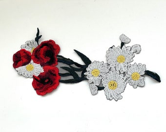 Vintage Large Daisy Poppy Floral Patch , Embroidered Yellow White Daisy Red Poppy Floral Patch Sew on Patch  Applique' Patch