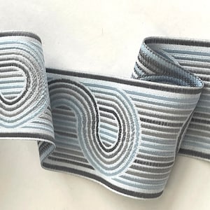 Wavy Abstract, Ethnic Bohemian Light Blue/Silver Grey Geometric,  Wavey Scroll Vintage Woven Jacquard Ribbon Trim, Straps, Belting,