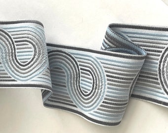 Wavy Abstract, Ethnic Bohemian Light Blue/Silver Grey Geometric,  Wavey Scroll Vintage Woven Jacquard Ribbon Trim, Straps, Belting,