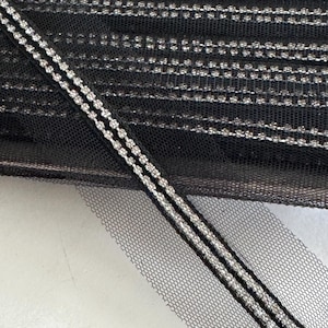 1 1/2" Jeweled 2 Row Rhinestone Silver Black Mesh Netting Ribbon Insert 2 Row Clear Rhinestone Center Knit  Edgy Trim, Novelty Metal